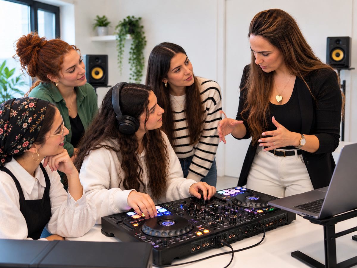אביה שפי מלמדת קבוצה סביב עמדת DJ